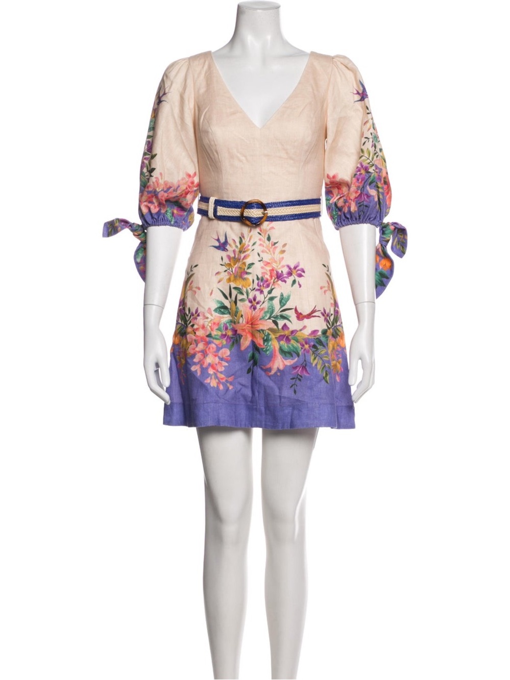 Zimmermann Floral V-Neck Belted Mini Dress in Cream and Purple